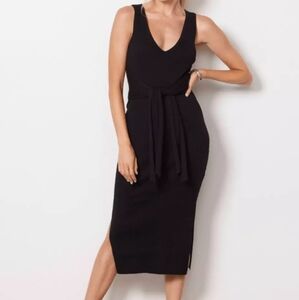 GOOD AMERICAN Rib Knit Tie Waist Midi Dress in black WOMENS SIZE 1 (Small)